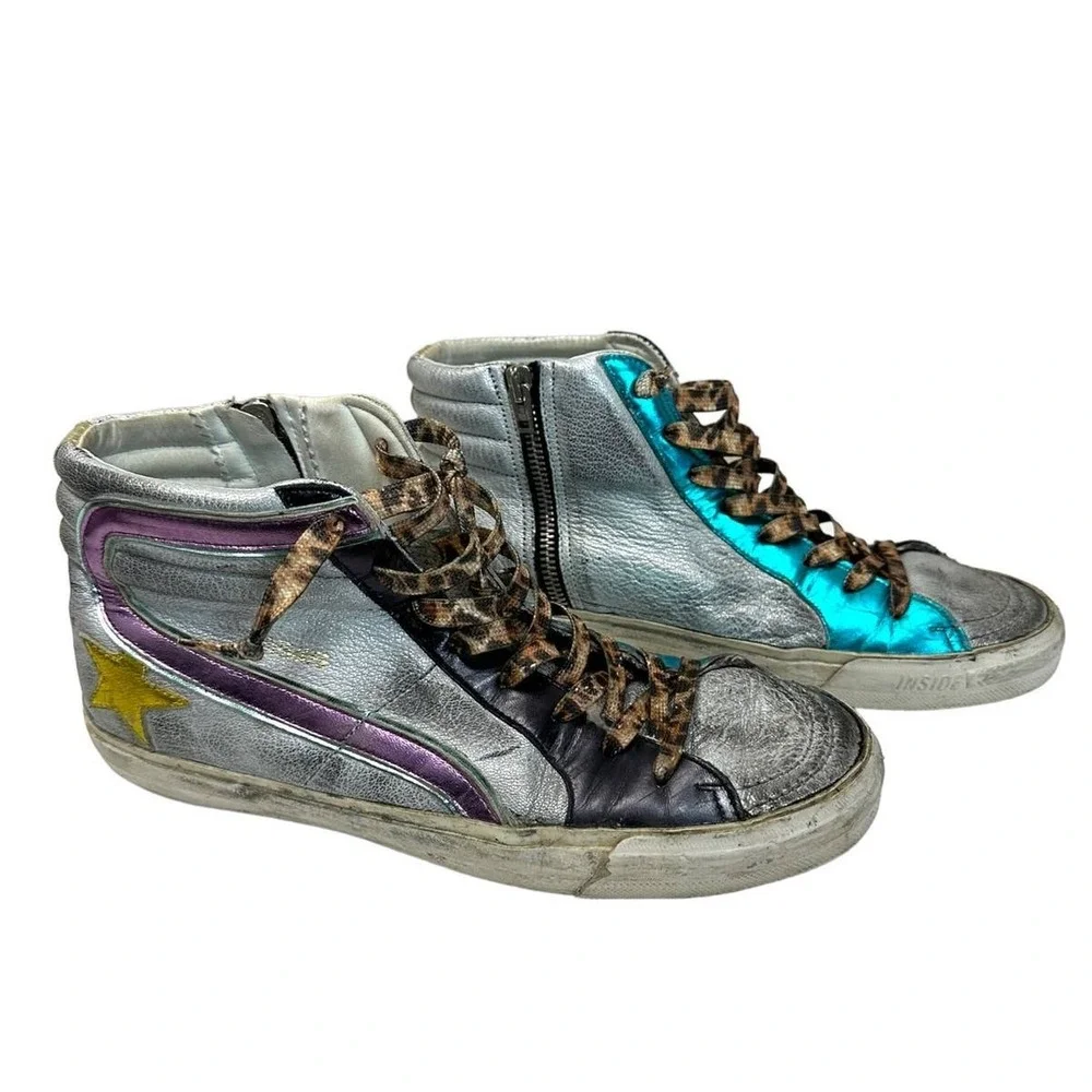 Golden Goose Deluxe Brand Slide‎ Silver rainbow High Top Sneakers 40